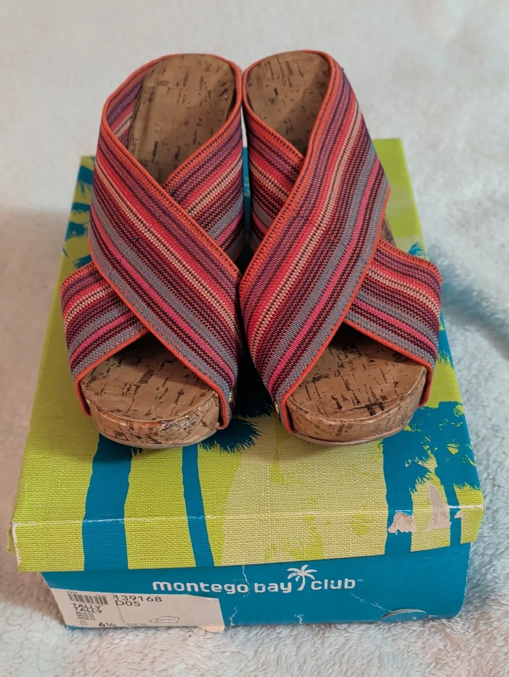 Montego Bay Club Tally Striped Elastic Wedge Cork Sandals - Size 6.5